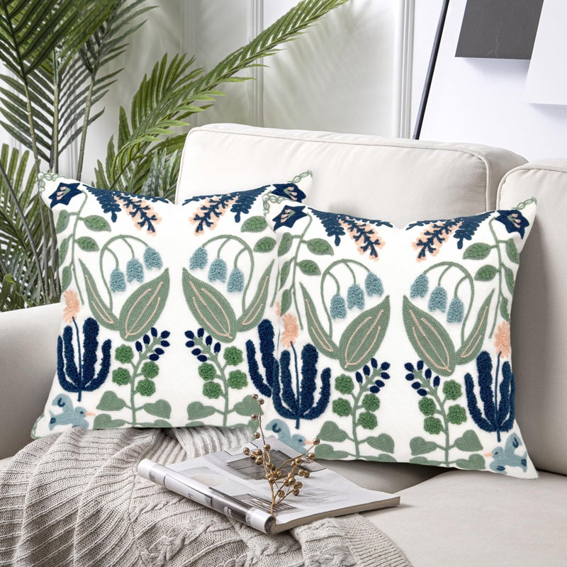 Alysheer Floral Embroidered Farmhouse Decorative Throw Pillow Cover 18""x 18"" Set of 2  Cottage Navy Blue Green Flower Leaves Tufted Pattern  Cotton Canvas Cushion Case for Couch Bed Living Room Decor - Image 2